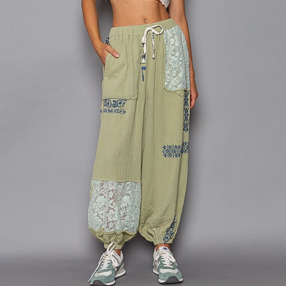 POL Elastic Waist Band Lace Embroidery Soild Jogger Pants NEW Size Various